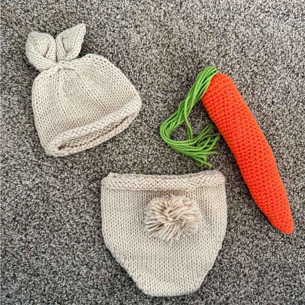 Cream Knit Baby Hat and Diaper Cover Set with Orange Carrot Toy